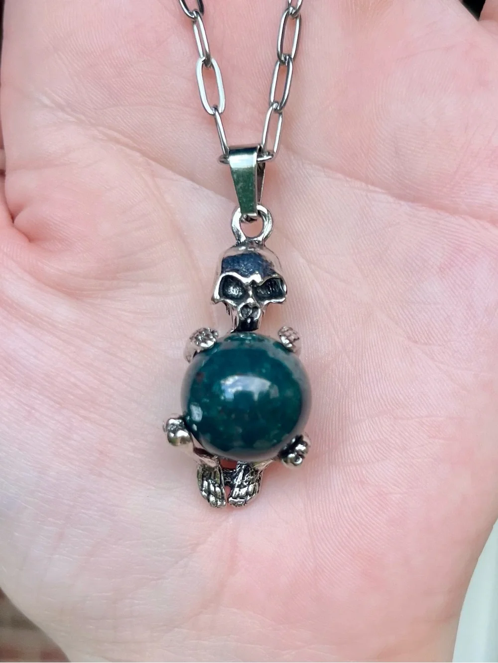 Skeleton Pendant Necklace with Green ocean jasper orb